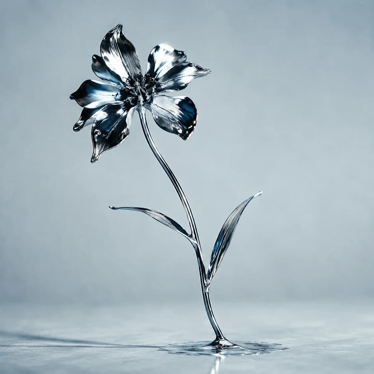 A liquid-metal flower against a pale blue-gray background