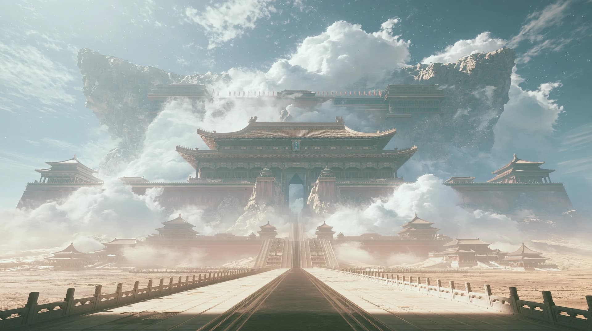 A grand Chinese palace set into a cliff, surrounded by clouds, with a stone bridge leading to its gate