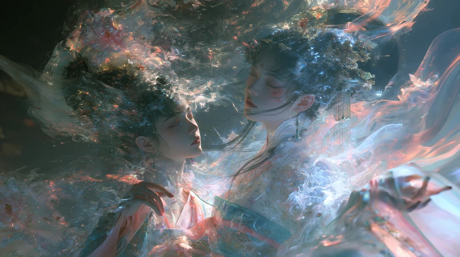 Two figures in traditional dress amid flowing blue and pink light and rippling water