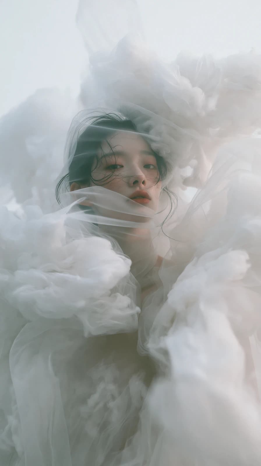A portrait wrapped in layers of sheer white fabric under soft light